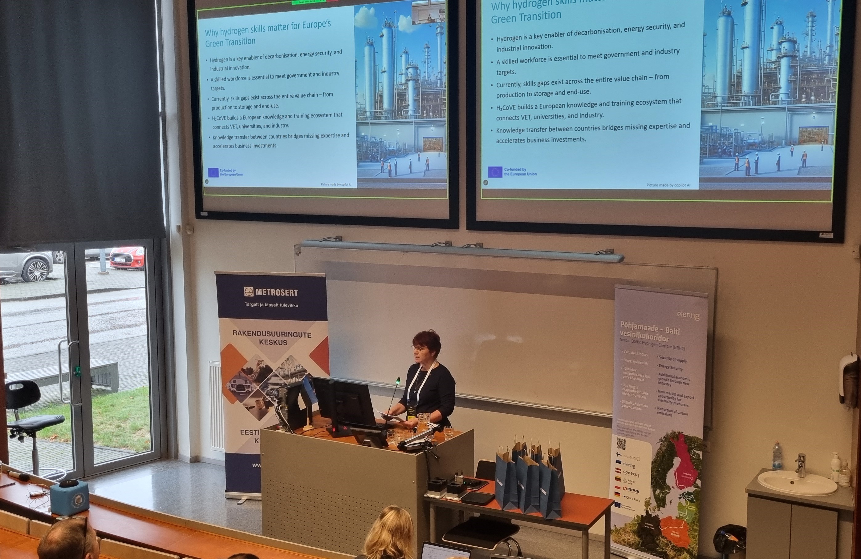 Image showing Mare Roosileht speaking in a lecture hall at the Tartu Hydrogen Days 2025